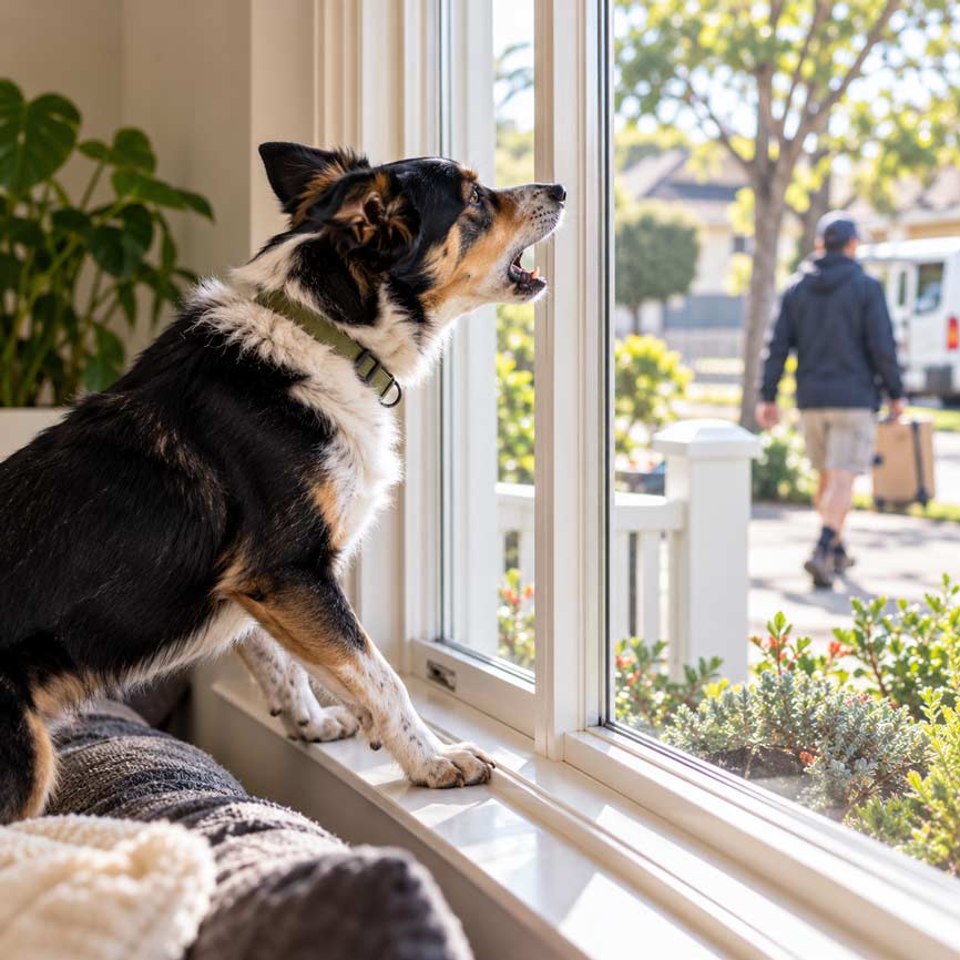 Dog barking at a front window in a Melbourne home