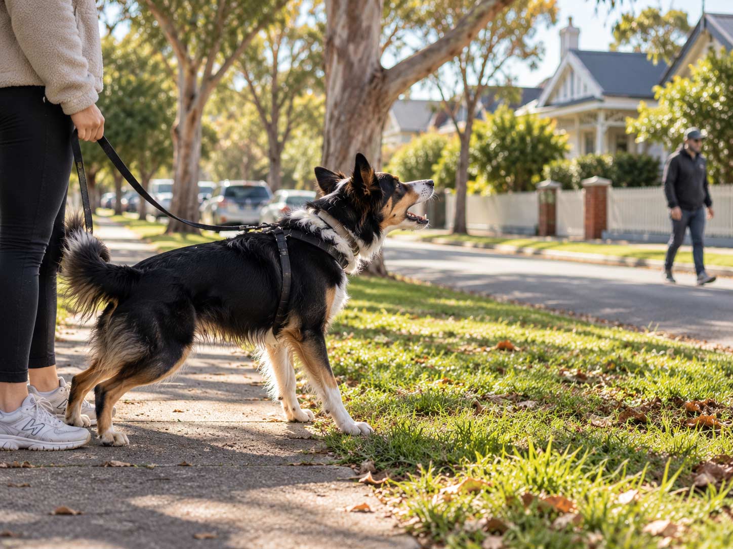 Dog barking at a person across the street during a walk in Melbourne