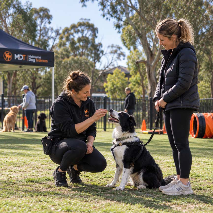 Dog trainer working with a dog and owner during a private training session in Melbourne
