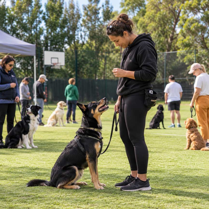 Owner rewarding a calm dog with a treat during barking training